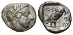 Greek Attika. Athen. Tetradrachme. Ca. 454 - 404 v. Chr. Vs: Kopf der Athena mit ölzweiggeschmücktem, attischem Helm, Ohranhänger und Halskette rechts. Rs: Eule nach rechts stehend, Kopf en face, im F