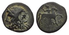 Greek Lykien. Choma. Bronze. 1. Jhdt. v. Chr. Vs: Kopf des Zeus mit Lorbeerkranz links; rechts runder Gegenstempel mit korithischem Helm. Rs: Gott Kakasbos mit Helm und Keule auf Pferd nach rechts rei