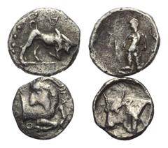 Greek Griechische Münzen - Lots. Kleinasien. Ungesicherte Münzstätten. Lot (2 Stück): 1 Obol, 1 Hemiobol. 4. - 3. Jhdt. v. Chr. Vs: Stier nach rechts angreifend / Ziegenprotome mit zurückgewandtem Kop