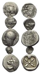 Greek Griechische Münzen - Lots. Mysien / Aiolis / Ionien. Kyzikos / Elaia / Kolophon / Milet. Lot (5 Stück): 2 Obole, 2 Hemiobole, 1 Tetartemorion. 6. - 4. Jhdt. v. Chr. Vs: Eberprotome neben Thunfis