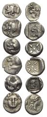 Greek Griechische Münzen - Lots. Mysien / Ionien / Dynasten von Karien / Pisidien. Kyzikos / Milet / Orou (ca. 490 - 470 v. Chr.) / Selge. Lot (6 Stück): 3 Diobole, 1 Obol, 1/16 Stater, 1 Hemiobol. 5.