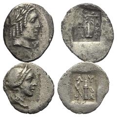 Greek Griechische Münzen - Lots. Lykien - Lykischer Bund. Masykitos. Lot (2 Stück): 1 Hemidrachme, 1/4 Drachme. 2. - 1. Jhdt. v. Chr. Vs: Apollonkopf bzw. Artemiskopf rechts. Rs: Kithara bzw. Köcher i