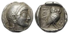 Greek Attika. Athen. Tetradrachme (Silber). Ca. 500 - 490 v. Chr. Vs: Kopf der Athena mit attischem Helm und Ohranhänger rechts. Rs: Eule nach rechts stehend, Kopf en face; im Feld links Ethnikon und 