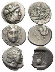 Greek Griechische Münzen - Lots. Euböa / Inseln vor Karien / Lykien. Histiaia / Rhodos / Masikytos (Lykischer Bund). Lot (3 Stück): 3 Hemidrachmen (Silber). 3. - 1. Jhdt. v. Chr. Vs: Nymphenkopf recht