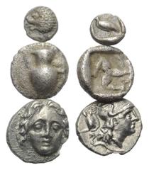 Greek Griechische Münzen - Lots. Karien / Pamphylien / Pisidien. Mylasa / Aspendos / Selge. Lot (3 Stück, Silber): 1 Tetartemorion, 2 Obole, 5. - 2. Jhdt. v. Chr. Vs: Löwenprotome rechts / Amphora / G