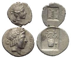 Greek Griechische Münzen - Lots. Lykien. Masykitos (im lykischen Bund). Lot (2 Stück, Silber): 1 Vierteldrachme, 1 Hemidrachme, 1. Jhdt. v. Chr. Vs: Artemiskopf rechts / Apollonkopf rechts. Rs: Köcher