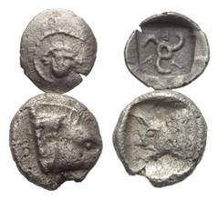 Greek Griechische Münzen - Lots. Lykien / Dynasten von Lykien. Tlos / Unbestimmter Dynast (ca. 490 - 440 v. Chr.). Lot (2 Stück, Silber): 1 Hemiobol, 1 Obol, 5. - 4. Jhdt. v. Chr. Vs: Apollonkopf en f