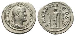 Roman Imperial Maximinus I. Thrax (235 - 238 n. Chr.). Denar (Silber). 237 n. Chr. Rom. Vs: MAXIMINVS PIVS AVG GERM. Büste mit Lorbeerkranz, Paludament und Panzer rechts. Rs: P M TR III COS P P. Maxim