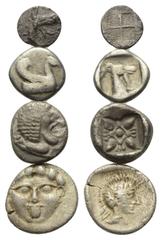 Lots - Antike Griechische Münzen - Lots. Ionien / Karien / Pisidien. Milet / Teos / Halikarnassos / Selge. Lot (4 Stück, Silber): 1 Diobol, 1 Tetartemorion, 2 Obole, 5. - 4. Jhdt. v. Chr. Vs: Löwenpro