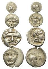 Lots - Antike Griechische Münzen - Lots. Pamphylien / Pisidien. Aspendos / Side / Selge. Lot (4 Stück, Silber): 1 Hemiobol, 1 Tetartemorion , 2 Obole, 4. Jhdt. v. Chr. Vs: Gorgoneion en face / Löwenko