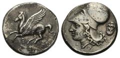 Greek Korinthia. Korinth. Stater (Silber). Ca. 375 - 300 v. Chr. Vs: Pegasos nach links fliegend, darunter Koppa. Rs: Kopf der Athena korinthischem Helm links; im Feld rechts Silensmaske, unten Alpha 