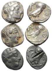 Lots - Ancient Coins Griechische Münzen - Lots. Attika. Athen. Lot (3 Stück, Silber): 3 Tetradrachmen, 5. Jhdt. v. Chr. Vs: Athenakopf rechts. Rs: Eule nach rechts stehend, Kopf en face. Z. T. Prüfhie