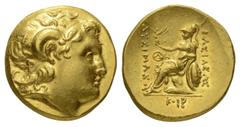 Greek Königreich Thrakien. Lysimachos (306 - 281 v. Chr.). Stater (Gold). Ca. 225 - 200 v. Chr. Odessos. Vs: Kopf des vergöttlichten Alexander des Großen mit Diadem und Ammonshorn rechts. Rs: Athena m