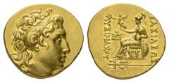 Greek Königreich Thrakien. Lysimachos (306 - 281 v. Chr.). Stater (Gold). Ca. 225 - 200 v. Chr. Byzantion. Vs: Kopf des vergöttlichten Alexander des Großen mit Diadem und Ammonshorn rechts. Rs: Athena