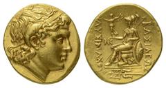 Greek Königreich Thrakien. Lysimachos (306 - 281 v. Chr.). Stater (Gold). Ca. 210 - 195 v. Chr. Byzantion. Vs: Kopf des vergöttlichten Alexander des Großen mit Diadem und Ammonshorn rechts. Rs: Athena