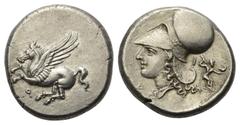 Greek Korinthia. Korinth. Stater (Silber). Ca. 345 - 307 v. Chr. Vs: Pegasos nach links fliegend, darunter Koppa. Rs: Kopf der Athena korinthischem Helm links; im Feld links Delta, rechts Zeus mit Bli