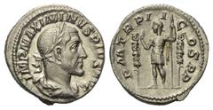 Roman Imperial Maximinus I. Thrax (235 - 238 n. Chr.). Denar (Silber). 236 n. Chr. Rom. Vs: IMP MAXIMINVS PIVS AVG. Büste mit Lorbeerkranz, Paludament und Panzer rechts. Rs: P M TR P II COS P P. Maxim