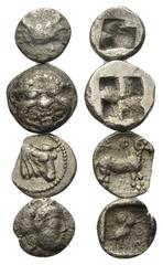 Lots - Ancient Coins Griechische Münzen - Lots. Thrako-Makedonische Prägungen / Makedonien / Thessalien / Attika. Ungesicherte Münzstätte / Makedonien / Pharkadon / Athen. Lot (4 Stück, Silber): 1/16 