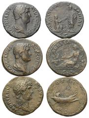 Lots - Ancient Coins Römische Münzen - Lots. Hadrianus (117 - 138 n. Chr.) Lot (3 Stück): 3 Asse. Rom. Vs: Kopf bzw. Büste rechts. Rs: Hadrian reicht kniender Hispania die Hand / Africa vor Ährenkorb 