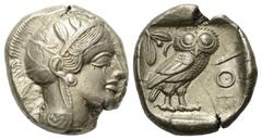 Greek Attika. Athen. Tetradrachme (Silber). Ca. 454 - 404 v. Chr. Vs: Kopf der Athena mit ölzweiggeschmücktem, attischem Helm, Ohranhänger und Halskette rechts. Rs: Eule nach rechts stehend, den Kopf 