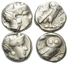 Greek Coins - Lots Griechische Münzen - Lots. Attika. Athen. Lot (2 Stück, Silber): 2 Tetradrachmen, 4. Jhdt. v. Chr. Vs: Athenakopf rechts. Rs: Eule nach rechts stehend, Kopf en face. Fast sehr schön