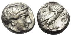 Greek Attika. Athen. Tetradrachme (Silber). Ca. 353 - 294 v. Chr. Vs: Kopf der Athena mit ölzweiggeschmücktem, attischem Helm, Ohranhänger und Halskette rechts. Rs: Eule nach rechts stehend, Kopf en f