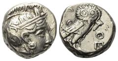 Greek Attika. Athen. Tetradrachme (Silber). Ca. 353 - 294 v. Chr. Vs: Kopf der Athena mit ölzweiggeschmücktem, attischem Helm, Ohranhänger und Halskette rechts. Rs: Eule nach rechts stehend, Kopf en f