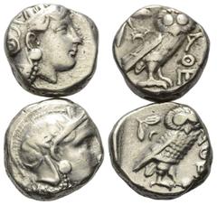 Greek Coins - Lots Griechische Münzen - Lots. Attika. Athen. Lot (2 Stück, Silber): 2 Tetradrachmen, 4. Jhdt. v. Chr. Vs: Athenakopf rechts. Rs: Eule nach rechts stehend, Kopf en face. Fast sehr schön