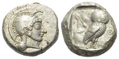 Greek - Premium Attika. Athen. Tetradrachme (Silber). Ca. 500 - 480 v. Chr. Vs: Kopf der Athena mit attischem Helm und Ohranhänger rechts. Rs: Eule nach rechts stehend, den Kopf en face, im Feld links