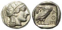 Greek - Premium Attika. Athen. Tetradrachme (Silber). Ca. 454 - 404 v. Chr. Vs: Kopf der Athena mit ölzweiggeschmücktem attischem Helm, Ohranhänger und Halskette rechts. Rs: Eule nach rechts stehend, 