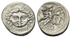 Roman Republican - Premium L. Plautius Plancus. Denar (Silber). 47 v. Chr. Rom. Vs: L PAVTIVS (!). Kopf der Medusa mit seitlichen Schlangen en face. Rs: PLANCVS. Aurora mit Palmzweig en face schwebend
