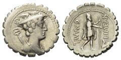 Roman Republican C. Mamilius Limetanus. Denar (Silber). 82 v. Chr. Rom. Vs: Büste des Mercur mit Petasus und Caduceus rechts; darüber Kontrollmarke C. Rs: C MAMIL / LIMETAN. Odysseus mit Wanderstab na