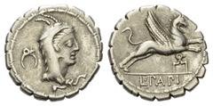 Roman Republican L. Papius. Denar (Silber). 79 v. Chr. Rom. Vs: Kopf der Juno Sospita mit Ziegenfellkappe rechts, dahinter runder Zirkel. Rs: L PAPI. Greif nach rechts springend, darunter eckiger Zirk