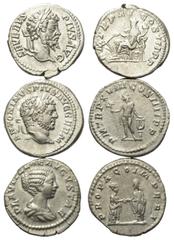 Roman Coins - Lots Römische Münzen - Lots. Septimius Severus (193 - 211 n. Chr.) / Caracalla (197 - 217 n. Chr.) / Plautilla (Gemahlin des Caracalla). Lot (3 Stück): 3 Denare (Silber). Rom. Vs: Kopf b