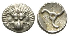 Greek Dynasten von Lykien. Perikles (ca. 380 - 360 v. Chr.). 1/3 Stater (Silber). Ungesicherte lykische Münzstätte. Vs: Löwenfell en face. Rs: Triskeles in vertieftem Rund. 15 mm. 2,72 g. Müseler VIII