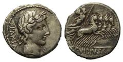 Roman Republican C. Vibius Pansa. Denar (Silber). 90 v. Chr. Rom. Vs: PANSA. Kopf des Apollo mit Lorbeerkranz rechts, davor Kontrollmarke. Rs: C VIBIVS C F. Minerva mit Lanze und Tropaeum in Quadriga 
