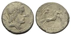 Roman Republican L. Iulius Bursio. Denar (Silber). 85 v. Chr. Rom. Vs: Drapierte Büste des Apollo Veiovis mit Flügel, Lorbeerkranz und Dreizack rechts, dahinter Beizeichen. Rs: L IVLI BVRSIO. Victoria