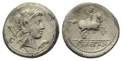 Roman Republican P. Crepusius. Denar (Silber). 82 v. Chr. Rom. Vs: Kopf des Apollo mit Lorbeerkranz rechts, über der Schulter Szepter; davor und dahinter Kontrollzeichen. Rs: P CREPVSI. Reiter mit Lan