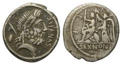 Roman Republican M. Nonius Sufenas. Denar (Silber). 57 v. Chr. Rom. Vs: SVFENAS. Kopf des Saturn rechts, dahinter S C, Harpa und Stein. Rs: SEX NON / PR L - V - P F. Roma mit Szepter und Schwert auf S