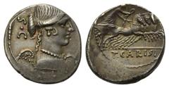 Roman Republican T. Carisius. Denar (Silber). 46 v. Chr. Rom. Vs: Büste der Victoria rechts, dahinter S C. Rs: T CARISI. Victoria mit Kranz in Quadriga nach rechts fahrend. 18 mm. 3,82 g. Cr. 464/5; S