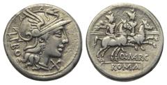 Roman Republican Q. Marcius Libo. Denar (Silber). 148 v. Chr. Rom. Vs: LIBO. Kopf der Roma mit geflügeltem Helm rechts, davor Wertzeichen. Rs: Q MARC / ROMA. Die Dioscuren mit eingelegten Lanzen zu Pf