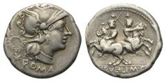 Roman Republican C. Servilius. Denar (Silber). 136 v. Chr. Rom. Vs: ROMA. Kopf der Roma mit geflügeltem Greifenkopfhelm rechts, dahinter Kranz und Wertzeichen. Rs: C SERVEILI M F. Die Dioscuren mit La