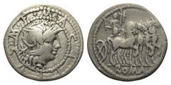 Roman Republican M. Acilius. Denar (Silber). 130 v. Chr. Rom. Vs: M ACILIVS M F (in doppeltem Perlkreis). Kopf der Roma mit geflügeltem Helm rechts, dahinter Wertzeichen. Rs: ROMA. Hercules mit Keule 