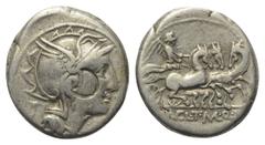 Roman Republican Appius Claudius Pulcher mit T. Manlius Mancinus und Q. Urbinius. Denar (Silber). 111 - 110 v. Chr. Rom. Vs: Kopf der Roma mit geflügeltem Helm rechts, dahinter Dreieck mit vertieftem 
