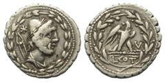 Roman Republican L. Aurelius Cotta. Denar (Silber). 105 v. Chr. Rom. Vs: Drapierte Büste des Vulcanus mit bekränztem Pileus rechts, dahinter Zange und Wertzeichen; das Ganze in Lorbeerkranz. Rs: L COT