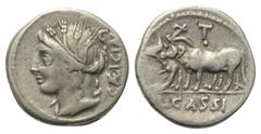 Roman Republican L. Cassius Caecianus. Denar (Silber). 102 v. Chr. Rom. Vs: CAEICIAN. Kopf der Ceres mit Ährenkranz links, dahinter Kontrollmarke C über Punkt. Rs: L CASSI. Ochsengespann mit Joch und 