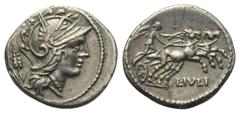 Roman Republican L. Iulius. Denar (Silber). 101 v. Chr. Rom. Vs: Kopf der Roma mit geflügeltem Greifenkopfhelm rechts, dahinter Kornähre. Rs: L IVLI. Victoria in galoppierender Biga nach rechts fahren
