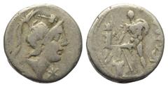 Roman Republican C. Poblicius Malleolus. Denar (Silber). 96 v. Chr. Rom. Vs: Kopf des Mars mit Helm rechts, darüber Hammer, davor Wertzeichen. Rs: C MAL. Nackter Krieger mit Lanze nach links stehend, 