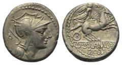 Roman Republican D. Iunius Silanus. Denar (Silber). 91 v. Chr. Rom. Vs: Kopf der Roma mit geflügeltem Helm rechts, dahinter Kontrollmarke. Rs: D SILANVS L F / ROMA. Victoria mit Zügeln in beiden Hände