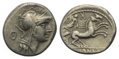 Roman Republican D. Iunius Silanus. Denar (Silber). 91 v. Chr. Rom. Vs: Kopf der Roma mit geflügeltem Helm rechts, dahinter Kontrollmarke. Rs: D SILANVS L F / ROMA. Victoria mit Zügeln in beiden Hände